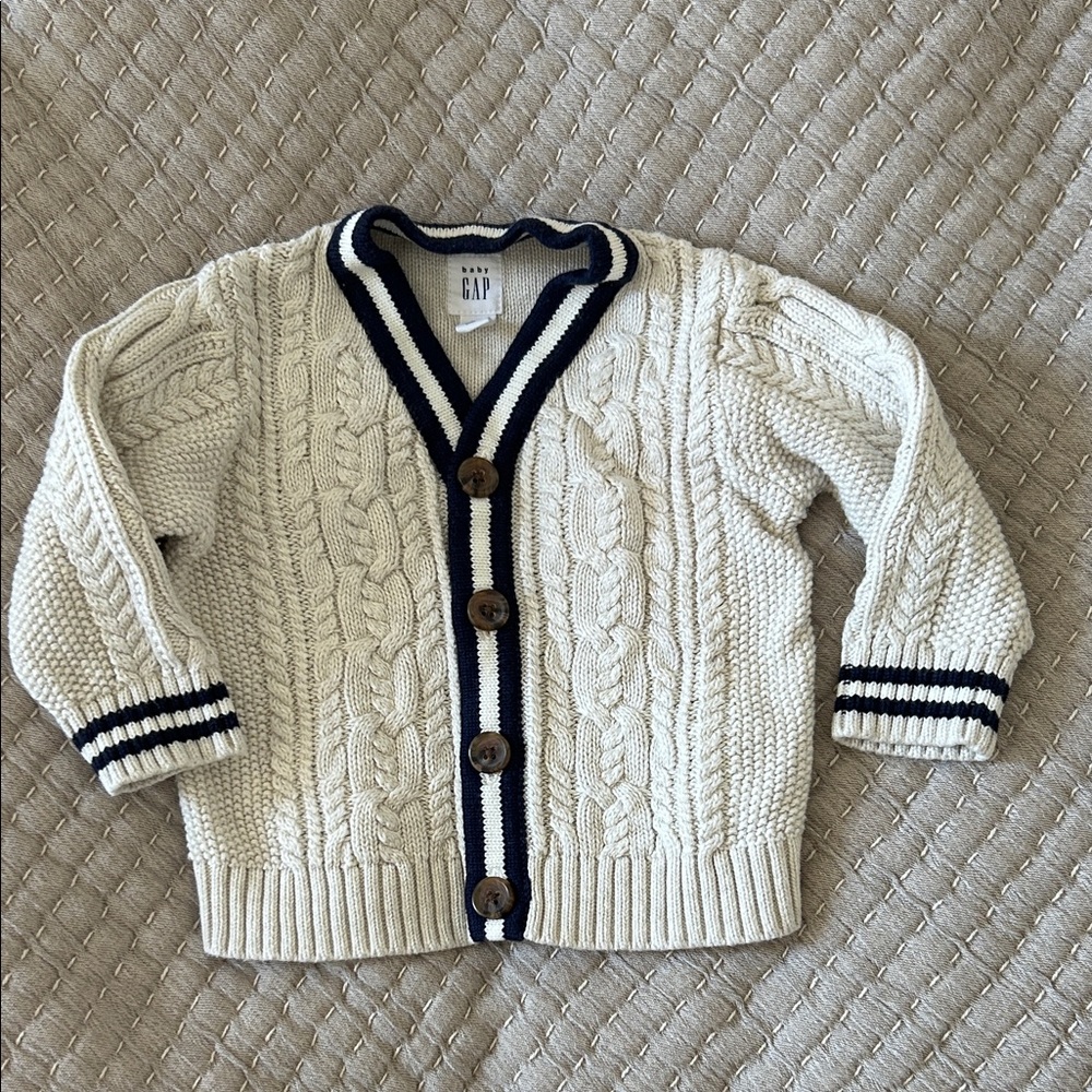 Baby GAP Cream Cable Knit Cardigan with Navy Accents